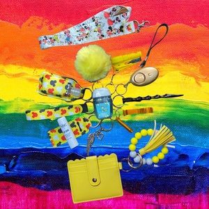 Mickey Mouse Ears Safety Keychain with Mickey Lanyard & Yellow ID Wristlet Set